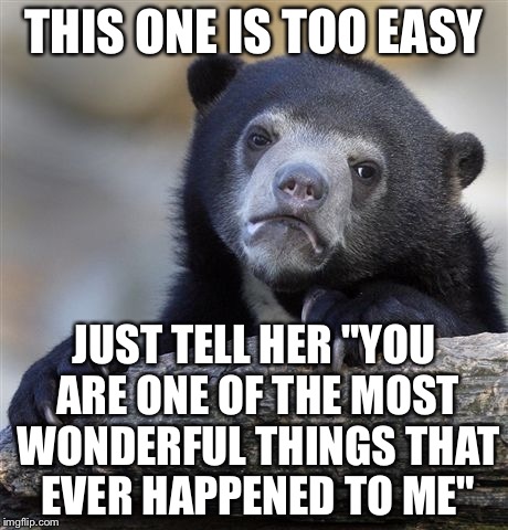 Confession Bear Meme | THIS ONE IS TOO EASY JUST TELL HER "YOU ARE ONE OF THE MOST WONDERFUL THINGS THAT EVER HAPPENED TO ME" | image tagged in memes,confession bear | made w/ Imgflip meme maker