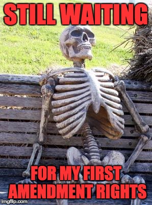 Waiting Skeleton Meme | STILL WAITING FOR MY FIRST AMENDMENT RIGHTS | image tagged in memes,waiting skeleton | made w/ Imgflip meme maker
