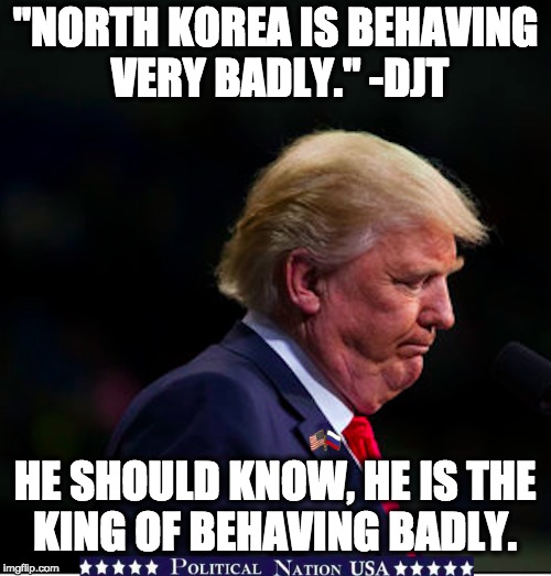 "NORTH KOREA IS BEHAVING VERY BADLY." -DJT; HE SHOULD KNOW, HE IS THE KING OF BEHAVING BADLY. | image tagged in never trump,nevertrump,nevertrump meme,dumptrump,dump trump | made w/ Imgflip meme maker