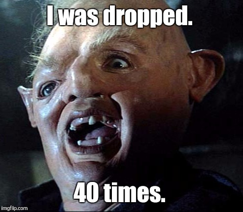 Goonies | I was dropped. 40 times. | image tagged in goonies | made w/ Imgflip meme maker