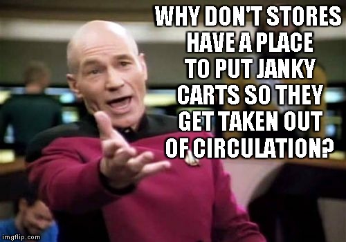Picard Wtf | WHY DON'T STORES HAVE A PLACE TO PUT JANKY CARTS SO THEY GET TAKEN OUT OF CIRCULATION? | image tagged in memes,picard wtf | made w/ Imgflip meme maker