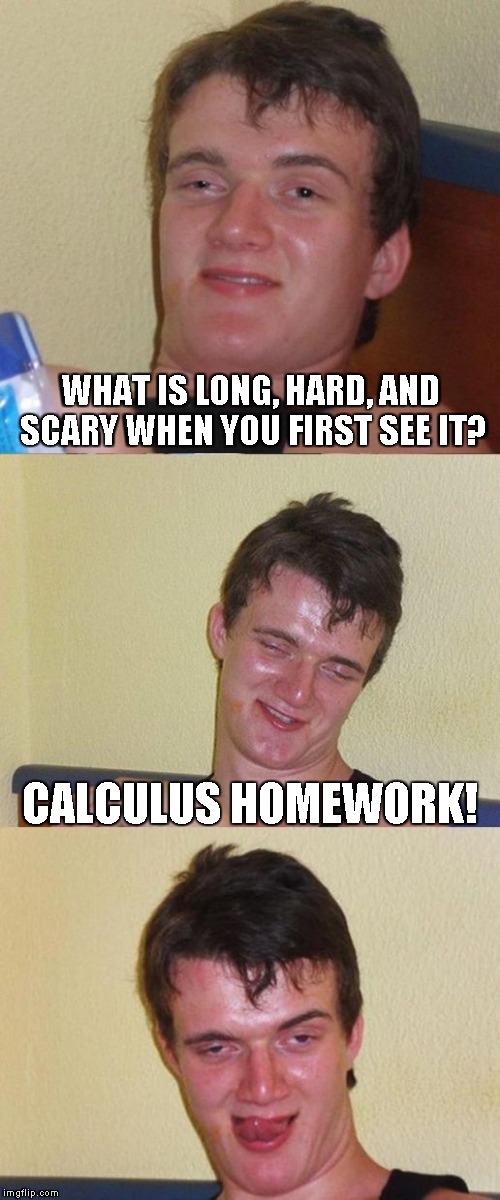 Ohhhhh... You thought I meant... | WHAT IS LONG, HARD, AND SCARY WHEN YOU FIRST SEE IT? CALCULUS HOMEWORK! | image tagged in bad pun 10 guy | made w/ Imgflip meme maker