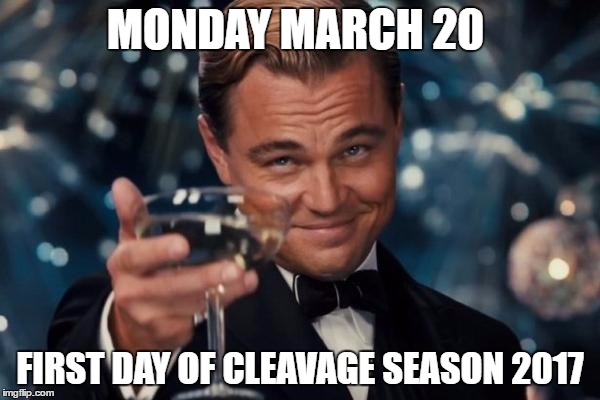 Leonardo Dicaprio Cheers | MONDAY MARCH 20; FIRST DAY OF CLEAVAGE SEASON 2017 | image tagged in memes,leonardo dicaprio cheers | made w/ Imgflip meme maker