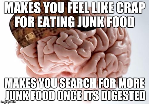 Scumbag Brain | MAKES YOU FEEL LIKE CRAP FOR EATING JUNK FOOD; MAKES YOU SEARCH FOR MORE JUNK FOOD ONCE ITS DIGESTED | image tagged in memes,scumbag brain | made w/ Imgflip meme maker