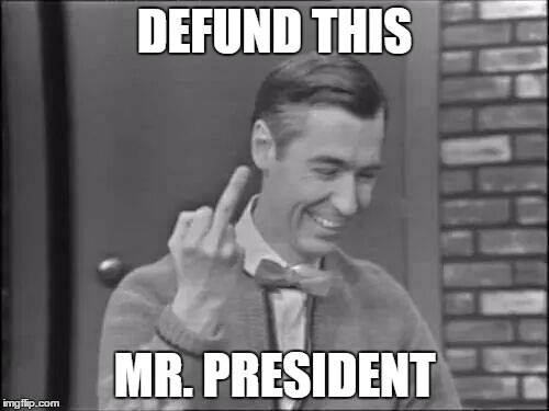 Mr Rogers Flipping the Bird |  DEFUND THIS; MR. PRESIDENT | image tagged in mr rogers flipping the bird,budget cuts,trump,public broadcasting | made w/ Imgflip meme maker