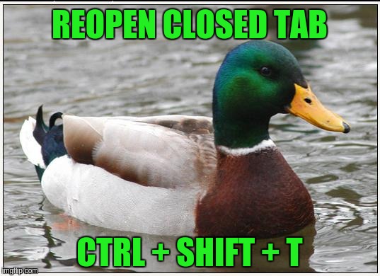 Actual Advice Mallard |  REOPEN CLOSED TAB; CTRL + SHIFT + T | image tagged in memes,actual advice mallard,browser,tip,trick,shortcut | made w/ Imgflip meme maker