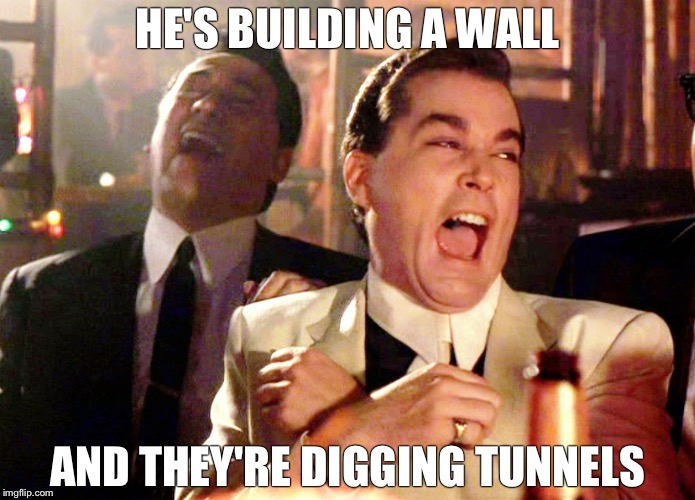 Good Fellas Hilarious Meme | HE'S BUILDING A WALL; AND THEY'RE DIGGING TUNNELS | image tagged in memes,good fellas hilarious | made w/ Imgflip meme maker