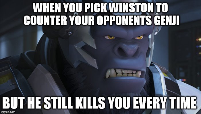 Winston Overwatch | WHEN YOU PICK WINSTON TO COUNTER YOUR OPPONENTS GENJI; BUT HE STILL KILLS YOU EVERY TIME | image tagged in winston overwatch | made w/ Imgflip meme maker