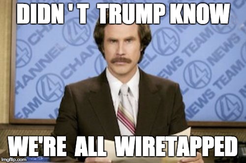 Ron Burgundy Meme | DIDN ' T  TRUMP KNOW; WE'RE  ALL  WIRETAPPED | image tagged in memes,ron burgundy | made w/ Imgflip meme maker