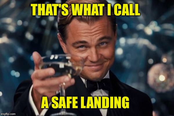 Leonardo Dicaprio Cheers Meme | THAT'S WHAT I CALL A SAFE LANDING | image tagged in memes,leonardo dicaprio cheers | made w/ Imgflip meme maker