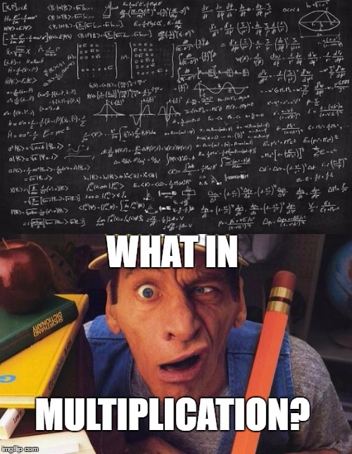 Math in a nutshell | WHAT IN; MULTIPLICATION? | image tagged in math,what in tarnation,me in math | made w/ Imgflip meme maker