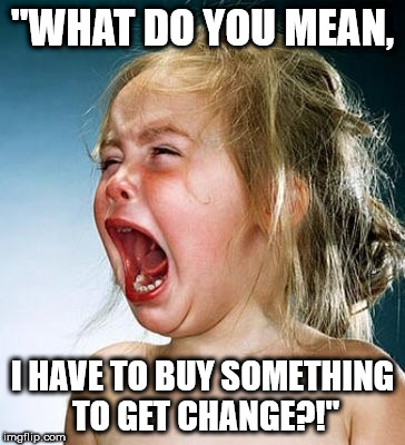 Tempertantrum | "WHAT DO YOU MEAN, I HAVE TO BUY SOMETHING TO GET CHANGE?!" | image tagged in tempertantrum | made w/ Imgflip meme maker