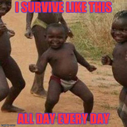 Third World Success Kid Meme | I SURVIVE LIKE THIS; ALL DAY EVERY DAY | image tagged in memes,third world success kid | made w/ Imgflip meme maker
