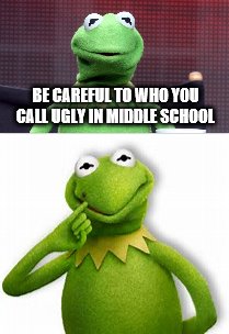 Before V after.  | BE CAREFUL TO WHO YOU CALL UGLY IN MIDDLE SCHOOL | image tagged in memes,kermit the frog,funny,funny memes,funny meme,too funny | made w/ Imgflip meme maker
