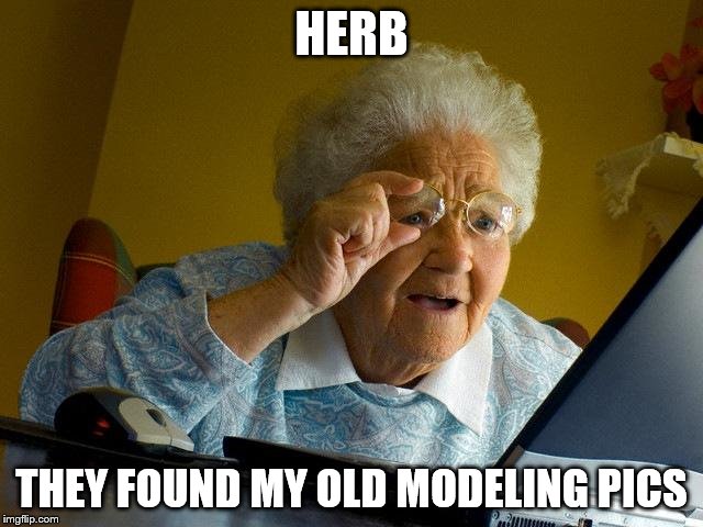 Grandma Finds The Internet Meme | HERB THEY FOUND MY OLD MODELING PICS | image tagged in memes,grandma finds the internet | made w/ Imgflip meme maker