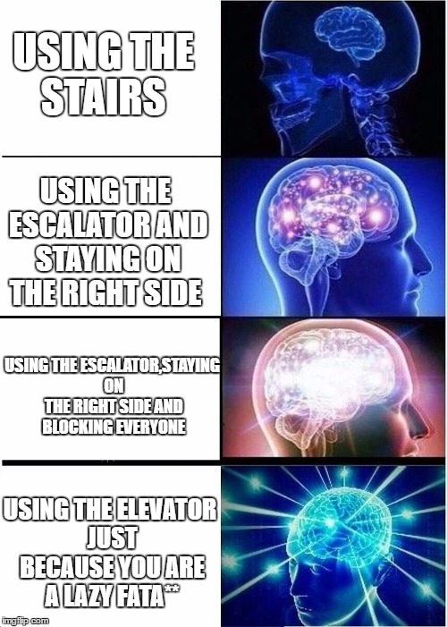 Expanding Brain Meme | USING THE STAIRS; USING THE ESCALATOR AND STAYING ON THE RIGHT SIDE; USING THE ESCALATOR,STAYING ON THE RIGHT SIDE AND BLOCKING EVERYONE; USING THE ELEVATOR JUST BECAUSE YOU ARE A LAZY FATA** | image tagged in expanding brain | made w/ Imgflip meme maker