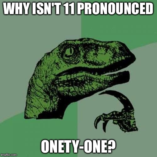 Philosoraptor | WHY ISN'T 11 PRONOUNCED; ONETY-ONE? | image tagged in memes,philosoraptor | made w/ Imgflip meme maker