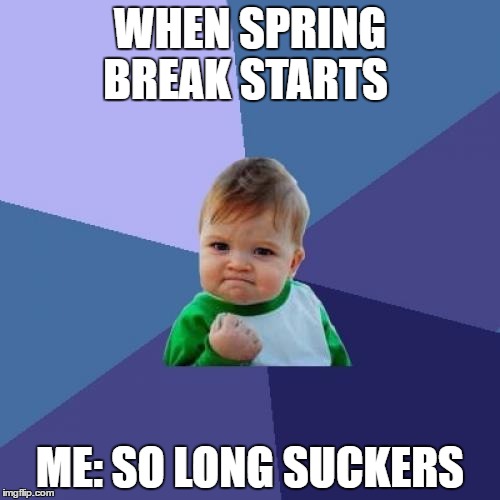 Success Kid | WHEN SPRING BREAK STARTS; ME: SO LONG SUCKERS | image tagged in memes,success kid | made w/ Imgflip meme maker