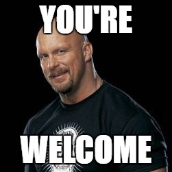 YOU'RE; WELCOME | image tagged in wwe,stone cold steve austin,wet dream,you're welcome | made w/ Imgflip meme maker