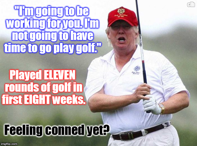 Another proven Don-the-Con lie. | clh; "I'm going to be working for you. I'm not going to have time to go play golf."; Played ELEVEN rounds of golf in first EIGHT weeks. Feeling conned yet? | image tagged in trump golfing,trump hypocrite,conservative hypocrisy,liar-in-chief | made w/ Imgflip meme maker