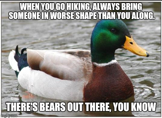 Actual Advice Mallard | WHEN YOU GO HIKING, ALWAYS BRING SOMEONE IN WORSE SHAPE THAN YOU ALONG. THERE'S BEARS OUT THERE, YOU KNOW | image tagged in memes,actual advice mallard | made w/ Imgflip meme maker