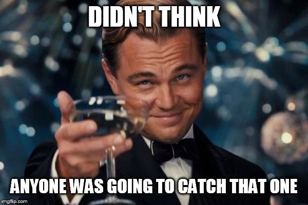 Leonardo Dicaprio Cheers Meme | DIDN'T THINK ANYONE WAS GOING TO CATCH THAT ONE | image tagged in memes,leonardo dicaprio cheers | made w/ Imgflip meme maker