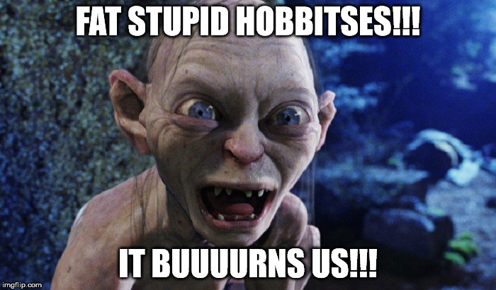 Gollem | FAT STUPID HOBBITSES!!! IT BUUUURNS US!!! | image tagged in gollem | made w/ Imgflip meme maker