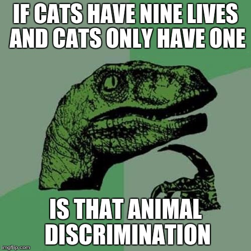 Philosoraptor | IF CATS HAVE NINE LIVES AND CATS ONLY HAVE ONE; IS THAT ANIMAL DISCRIMINATION | image tagged in memes,philosoraptor | made w/ Imgflip meme maker