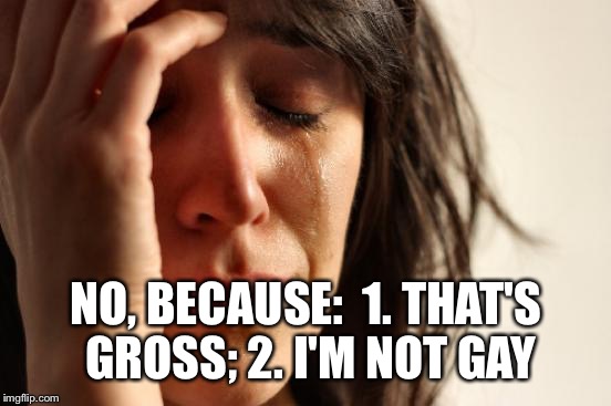 First World Problems Meme | NO, BECAUSE:  1. THAT'S GROSS; 2. I'M NOT GAY | image tagged in memes,first world problems | made w/ Imgflip meme maker