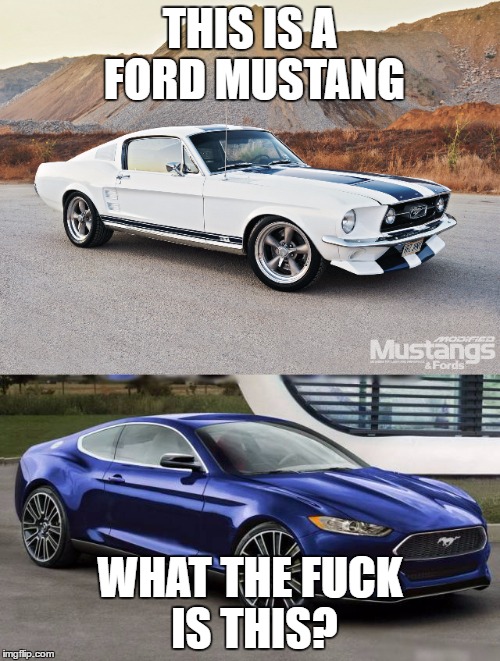 Seriously, car manufacturers have turned good looking classics into ugly hunks of junk!  | THIS IS A FORD MUSTANG; WHAT THE FUCK IS THIS? | image tagged in meme,cars | made w/ Imgflip meme maker