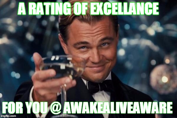 Leonardo Dicaprio Cheers Meme | A RATING OF EXCELLANCE; FOR YOU @ AWAKEALIVEAWARE | image tagged in memes,leonardo dicaprio cheers | made w/ Imgflip meme maker
