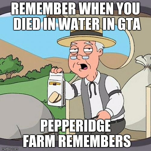 Pepperidge Farm Remembers | REMEMBER WHEN YOU DIED IN WATER IN GTA; PEPPERIDGE FARM REMEMBERS | image tagged in memes,pepperidge farm remembers | made w/ Imgflip meme maker
