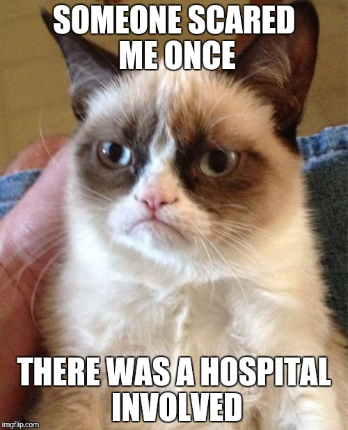 Grumpy Cat | SOMEONE SCARED ME ONCE; THERE WAS A HOSPITAL INVOLVED | image tagged in memes,grumpy cat | made w/ Imgflip meme maker