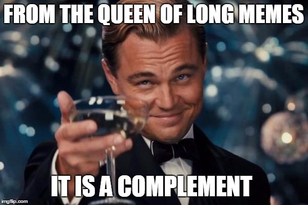 Leonardo Dicaprio Cheers Meme | FROM THE QUEEN OF LONG MEMES IT IS A COMPLEMENT | image tagged in memes,leonardo dicaprio cheers | made w/ Imgflip meme maker