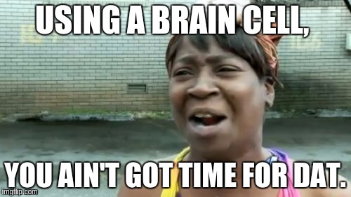 Ain't Nobody Got Time For That Meme | USING A BRAIN CELL, YOU AIN'T GOT TIME FOR DAT. | image tagged in memes,aint nobody got time for that | made w/ Imgflip meme maker