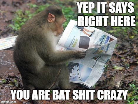 YEP IT SAYS RIGHT HERE; YOU ARE BAT SHIT CRAZY | image tagged in monkey business | made w/ Imgflip meme maker