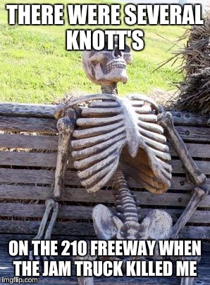 Waiting Skeleton Meme | THERE WERE SEVERAL KNOTT'S ON THE 210 FREEWAY WHEN THE JAM TRUCK KILLED ME | image tagged in memes,waiting skeleton | made w/ Imgflip meme maker