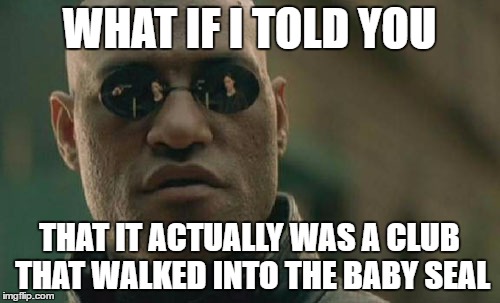 Matrix Morpheus Meme | WHAT IF I TOLD YOU THAT IT ACTUALLY WAS A CLUB THAT WALKED INTO THE BABY SEAL | image tagged in memes,matrix morpheus | made w/ Imgflip meme maker