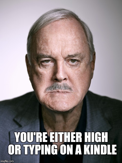 John Cleese | YOU'RE EITHER HIGH OR TYPING ON A KINDLE | image tagged in john cleese | made w/ Imgflip meme maker