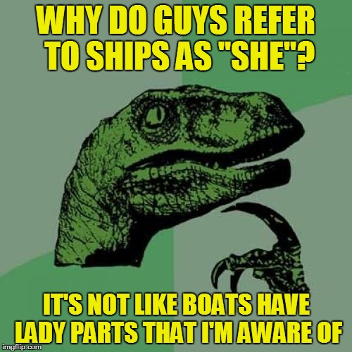 Philosoraptor | WHY DO GUYS REFER TO SHIPS AS "SHE"? IT'S NOT LIKE BOATS HAVE LADY PARTS THAT I'M AWARE OF | image tagged in memes,philosoraptor | made w/ Imgflip meme maker