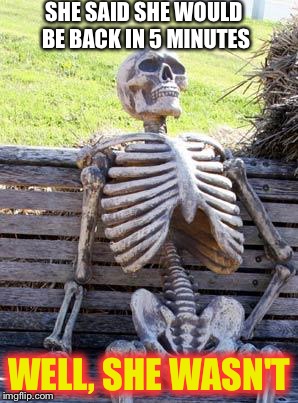 Waiting Skeleton Meme | SHE SAID SHE WOULD BE BACK IN 5 MINUTES; WELL, SHE WASN'T | image tagged in memes,waiting skeleton | made w/ Imgflip meme maker