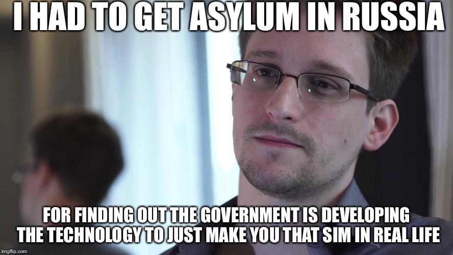 I HAD TO GET ASYLUM IN RUSSIA FOR FINDING OUT THE GOVERNMENT IS DEVELOPING THE TECHNOLOGY TO JUST MAKE YOU THAT SIM IN REAL LIFE | made w/ Imgflip meme maker