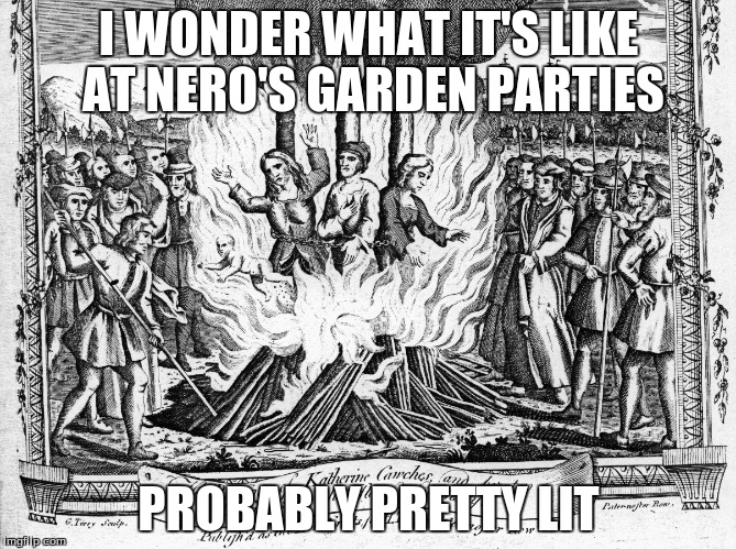 I WONDER WHAT IT'S LIKE AT NERO'S GARDEN PARTIES; PROBABLY PRETTY LIT | image tagged in nero | made w/ Imgflip meme maker