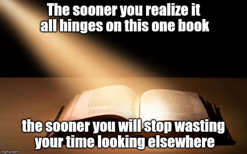 The sooner you realize it all hinges on this one book; the sooner you will stop wasting your time looking elsewhere | image tagged in bible | made w/ Imgflip meme maker
