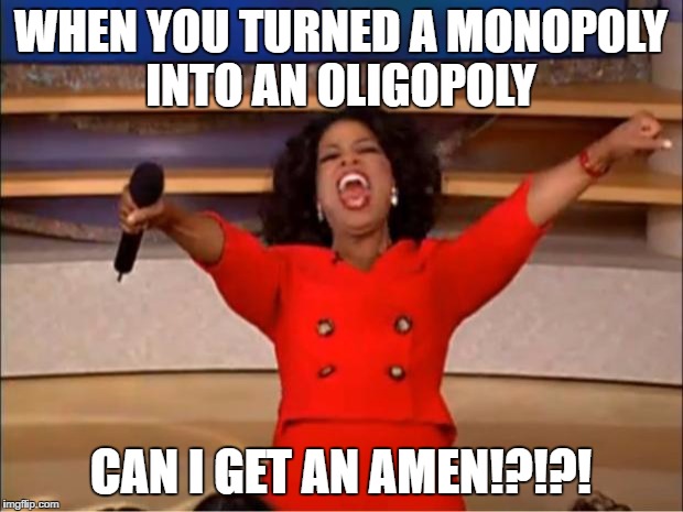 Oprah You Get A | WHEN YOU TURNED A MONOPOLY INTO AN OLIGOPOLY; CAN I GET AN AMEN!?!?! | image tagged in memes,oprah you get a | made w/ Imgflip meme maker