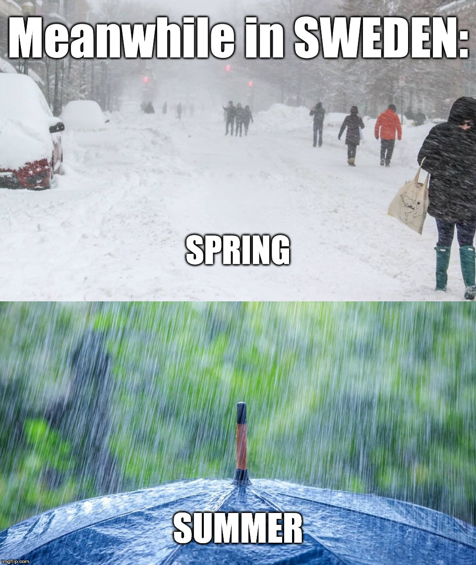 Swedish Spring and Swedish Summer | Meanwhile in SWEDEN:; SPRING; SUMMER | image tagged in swedish spring and summer,sweden,swedish,spring,summer,winter | made w/ Imgflip meme maker
