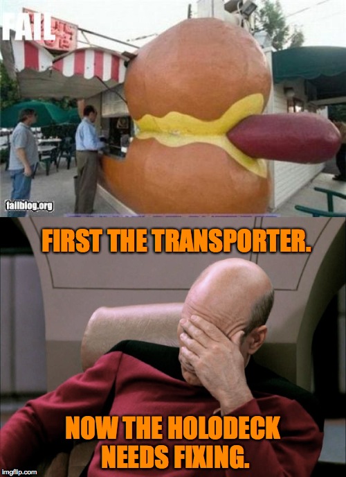 Monday Aboard The Enterprise | FIRST THE TRANSPORTER. NOW THE HOLODECK NEEDS FIXING. | image tagged in picard facepalm | made w/ Imgflip meme maker