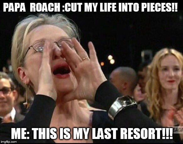 Good ol papa roach | PAPA  ROACH :CUT MY LIFE INTO PIECES!! ME: THIS IS MY LAST RESORT!!! | image tagged in meryl streep,funny memes,meme | made w/ Imgflip meme maker