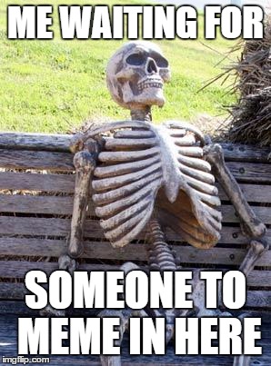 Waiting Skeleton Meme | ME WAITING FOR; SOMEONE TO MEME IN HERE | image tagged in memes,waiting skeleton | made w/ Imgflip meme maker
