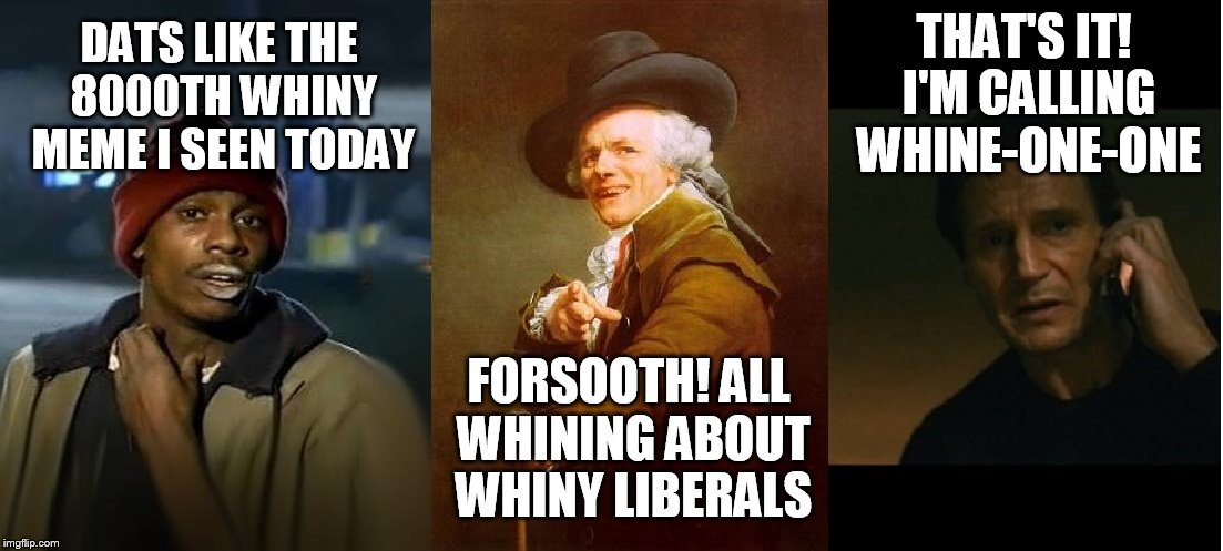 You bring the whine and I'll bring the stake  | THAT'S IT! I'M CALLING WHINE-ONE-ONE; DATS LIKE THE 8000TH WHINY MEME I SEEN TODAY; FORSOOTH! ALL WHINING ABOUT WHINY LIBERALS | image tagged in dave chappelle,joseph ducreux,liam neeson | made w/ Imgflip meme maker